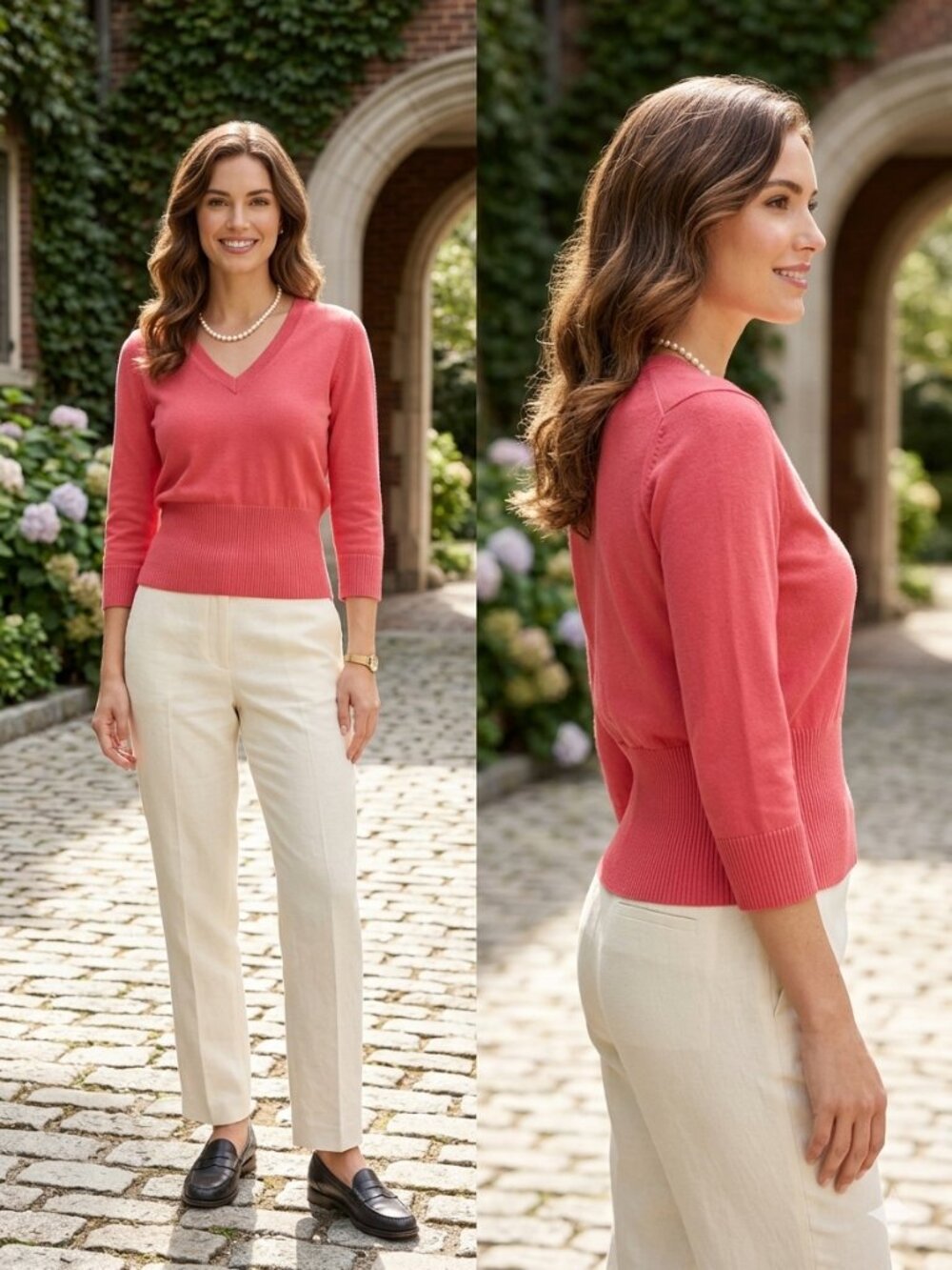 J Crew Pink V Neck 3/4 Sleeves Wedge Band Waist Pullover Sweater - Size Medium